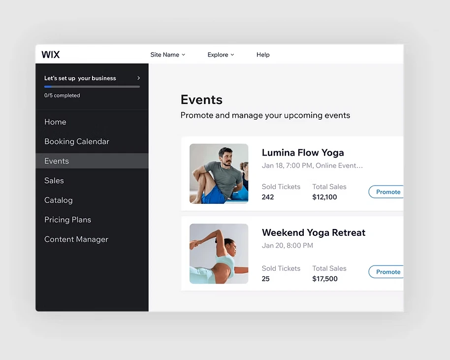 Wix dashboard displaying event management tools, including upcoming events, ticket sales, and revenue tracking for a business website.