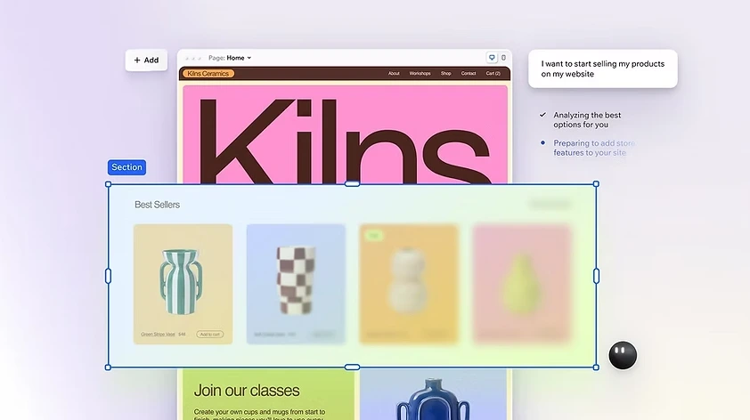 Wix Harmony editor showing an AI-generated online store, with a selected product section that users can customize and refine.