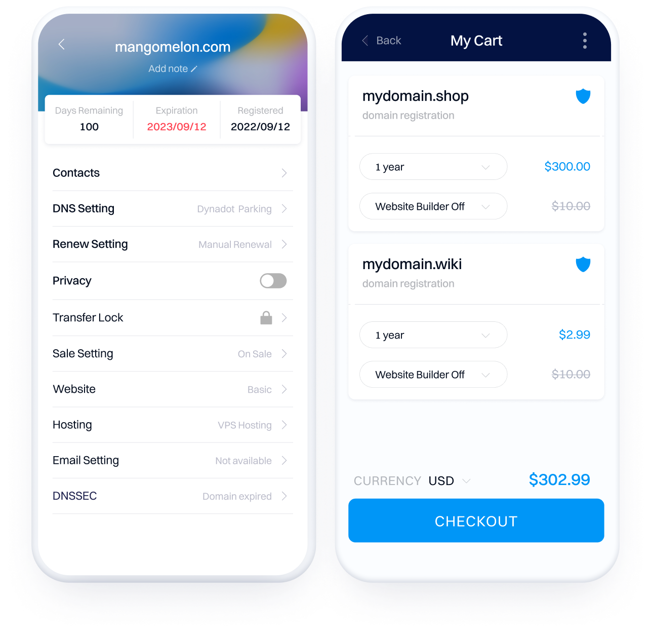 dynadot mobile app control panel domain management options and app cart checkout