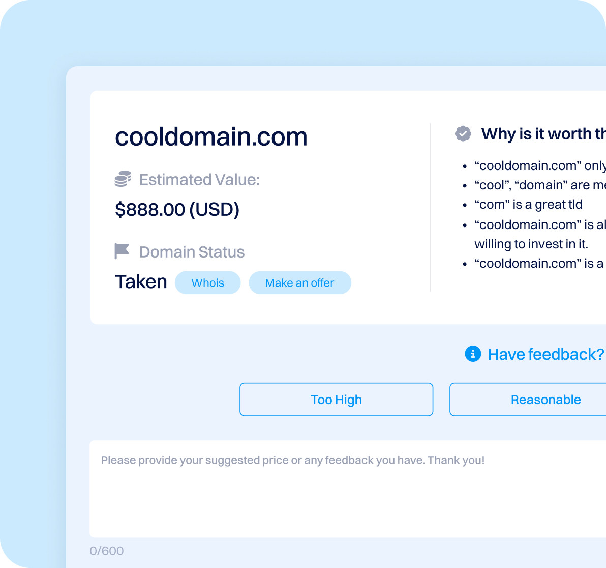 Domain appraisal screen displaying estimated value, domain status, and options to view WHOIS or make an offer.