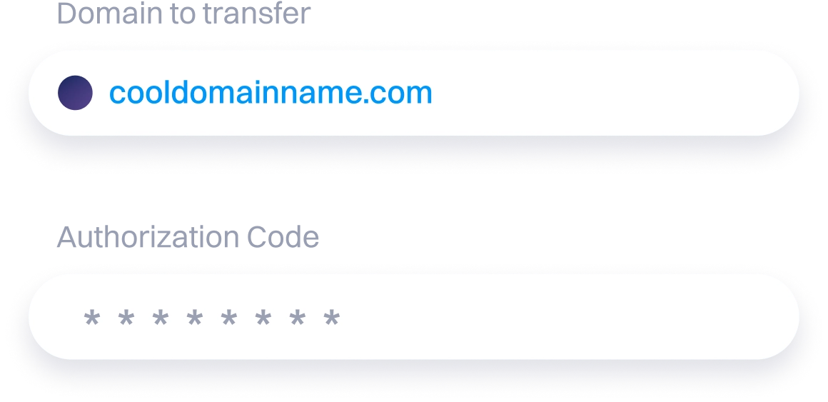 Grafički prikaz koji prikazuje dva polja za prenos domena: jedno označeno sa „Domen za prenos” sa cooldomainname.com, a drugo označeno sa „Autorizacioni kod” sa kodom maskiranim zvezdicama.