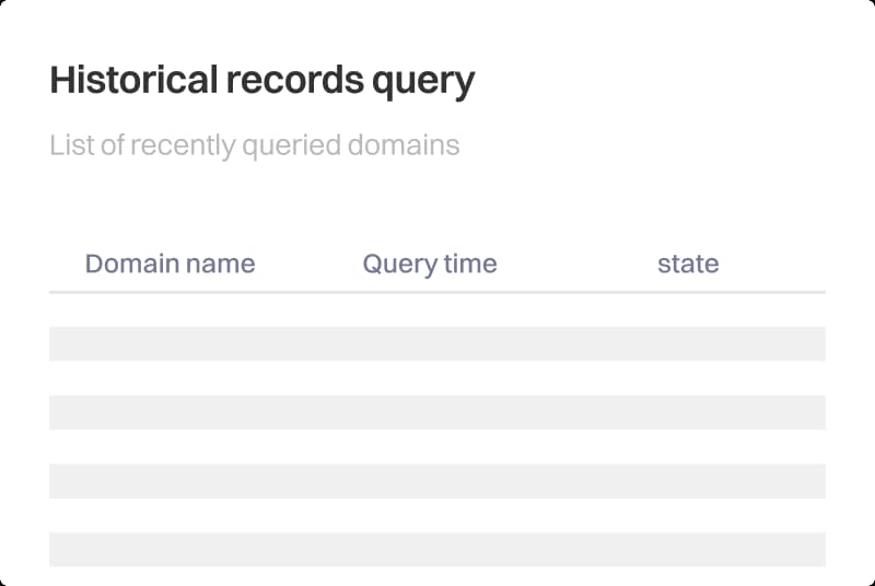 一个简单的UI图形，标题为“历史记录查询”，显示一个空白表格，列标题为域名、查询时间和状态，代表WHOIS历史或查询日志中最近查询的域名列表。