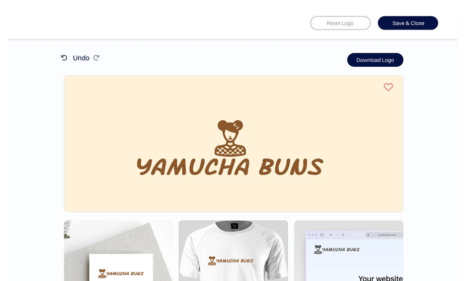 Dynadot 로고 빌더 미리보기의 스크린샷으로, “YAMUCHA BUNS” 텍스트와 밝은 배경에 양식화된 캐릭터 아이콘이 있는 완성된 로고 디자인을 보여주며, 변경 취소, 로고 다운로드, 저장 또는 디자인 재설정을 위한 인터페이스 컨트롤과 상품 및 웹사이트에 로고가 어떻게 표시되는지 보여주는 목업이 있습니다.