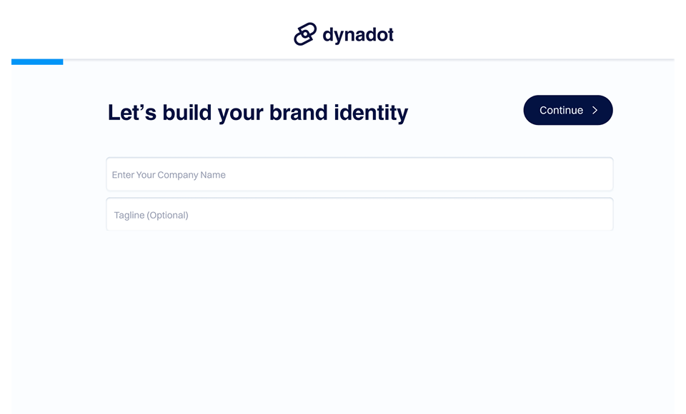 Dynadot 로고 빌더 인터페이스의 스크린샷으로, 사용자에게 “Let’s build your brand identity”라고 안내하며 회사 이름과 선택적 태그라인 입력 필드 및 상단에 “Continue” 버튼이 있습니다.