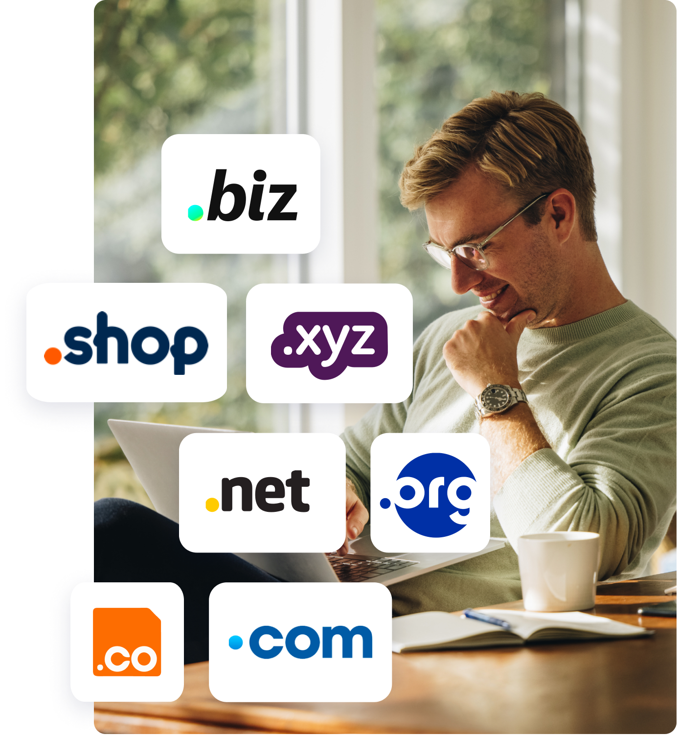 Person working on laptop with domain extension icons like .com, .net, .org, .biz, .shop and .xyz