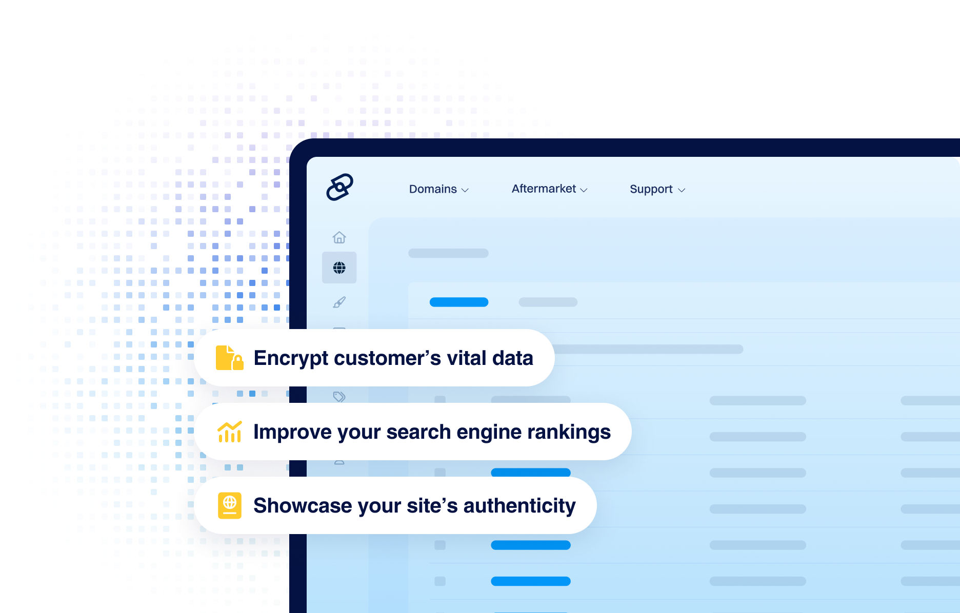 Ilustrasi dasbor web Dynadot dengan panggilan yang disorot yang menekankan manfaat keamanan dan kepercayaan situs web, termasuk ikon dan teks yang bertuliskan “Enkripsi data vital pelanggan,” “Tingkatkan peringkat mesin pencari Anda,” dan “Tunjukkan keaslian situs Anda,” ditampilkan bersama latar belakang panel admin yang bergaya.