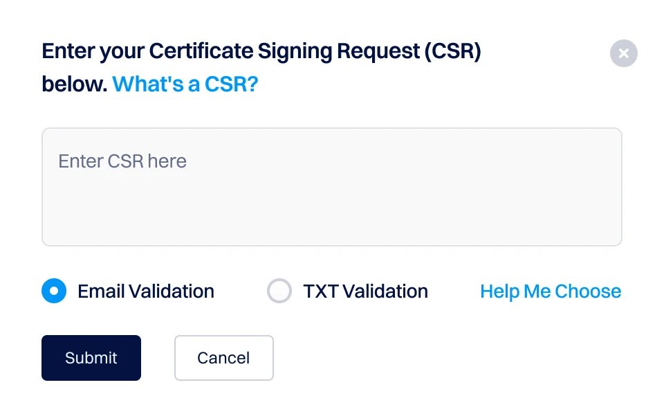 Dialog pengajuan Certificate Signing Request (CSR) menampilkan area teks untuk menempelkan CSR, opsi validasi email atau TXT, serta tombol untuk mengirim atau membatalkan permintaan sertifikat SSL.