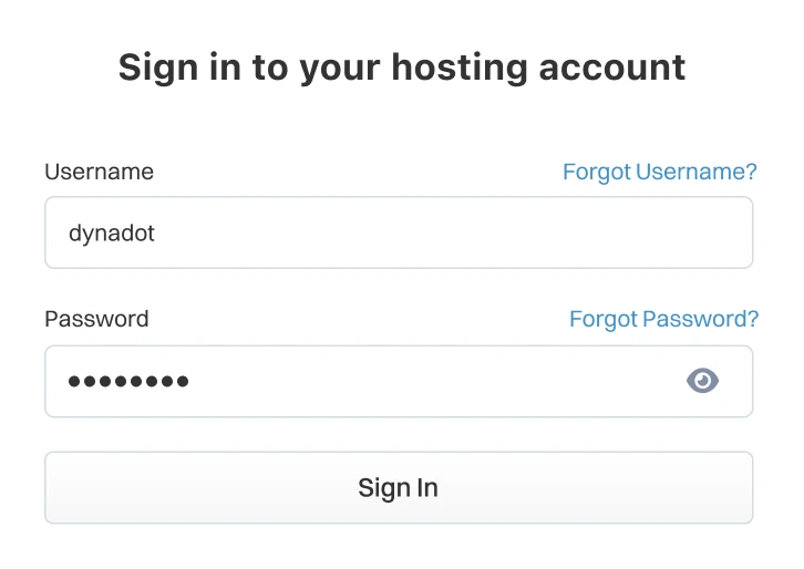 Layar masuk untuk akun hosting yang menampilkan formulir masuk dengan kolom nama pengguna dan kata sandi, tautan untuk memulihkan nama pengguna atau kata sandi yang terlupa, dan tombol “Masuk”.