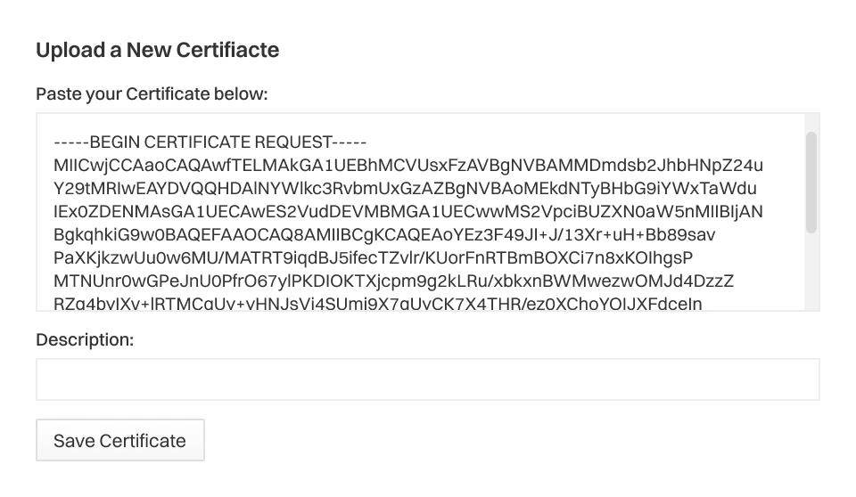 Antarmuka untuk mengunggah sertifikat SSL baru, menampilkan area teks dengan data sertifikat yang ditempel, kolom deskripsi, dan tombol “Simpan Sertifikat”.