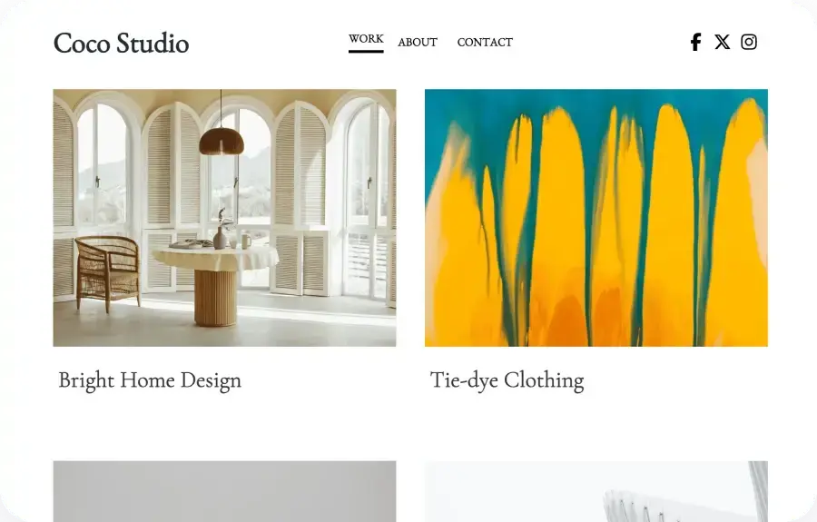 template website yang menunjukkan studio seni menyoroti karya seni mangkuk dan patung mereka