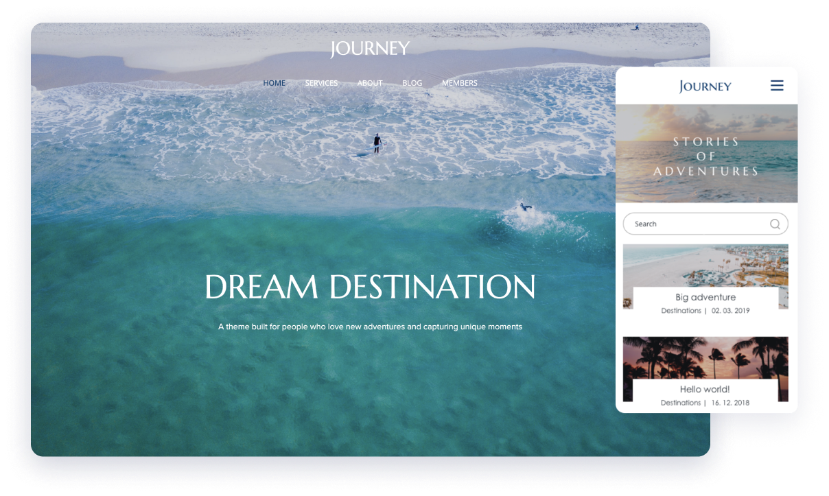 fantasy journey website template with a beautiful full screen beach for hotels and resorts and the mobile version