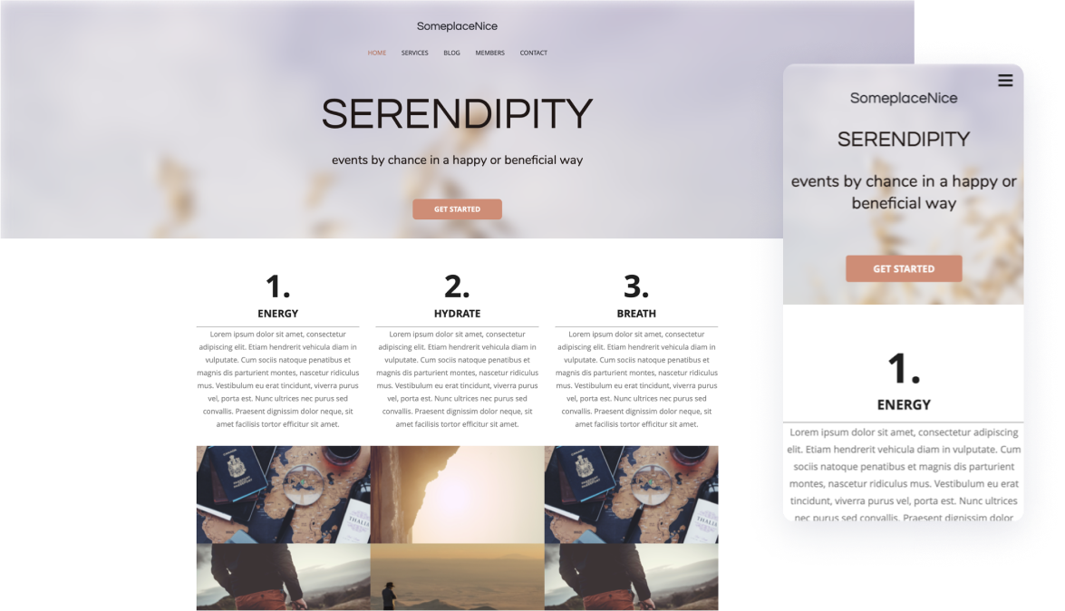 serendipity website template with a narrow header image with content columns to organize text and the mobile version