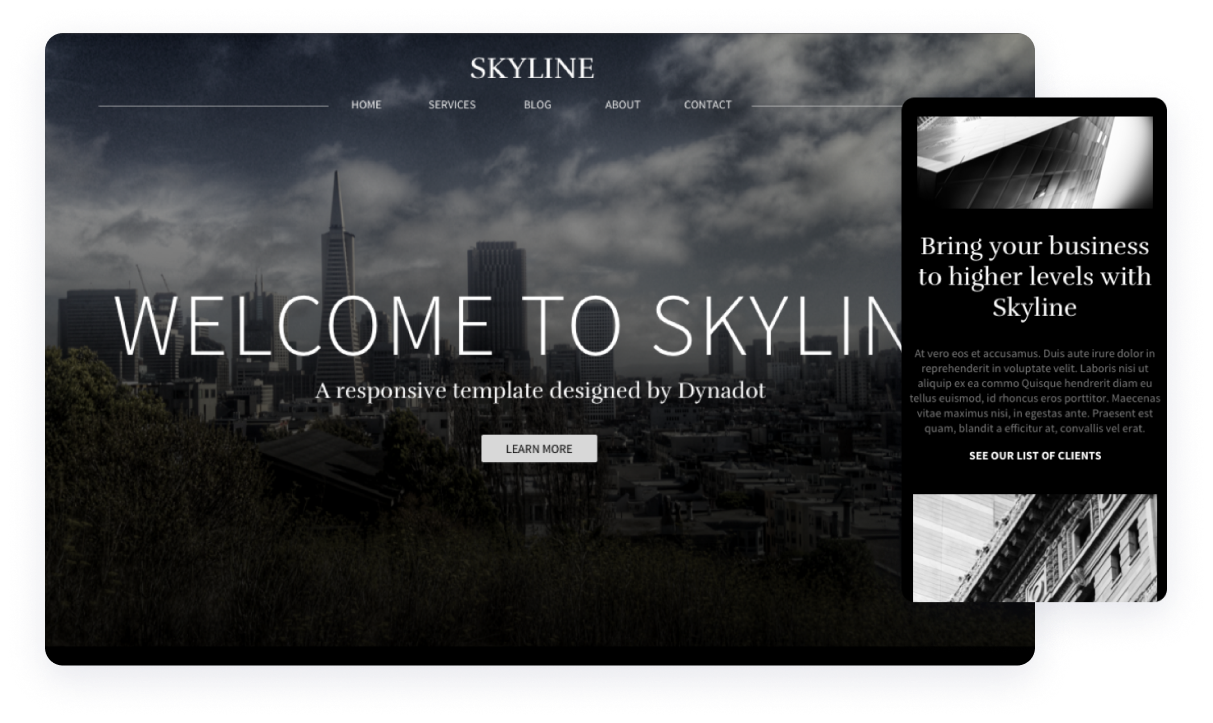 skyline website template with beautiful image of a city skyline with large text welcoming users and the mobile version