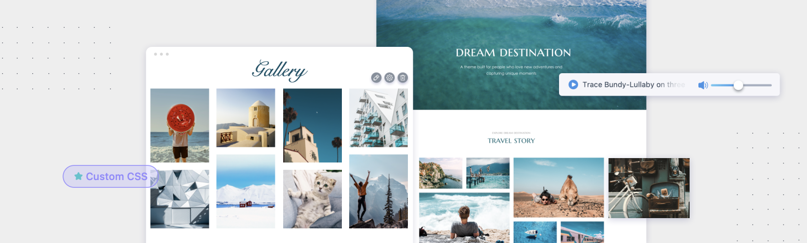 collage displaying tools from the dynadot website builder such as image gallery, custom css and audio integration