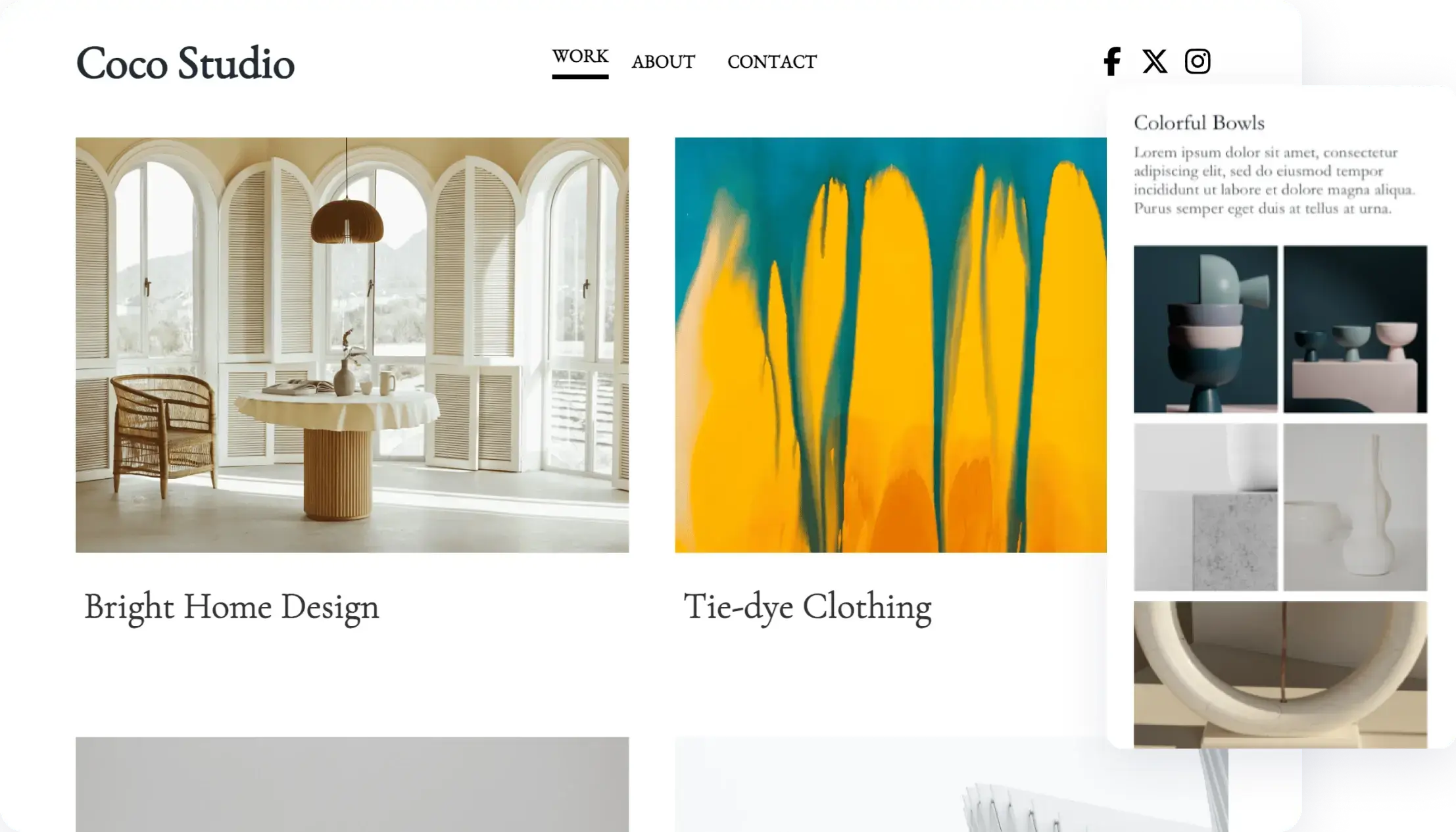 modèle de site web d'atelier créatif montrant un studio d'art mettant en valeur leurs pièces d'art en bol et sculpture et la version mobile