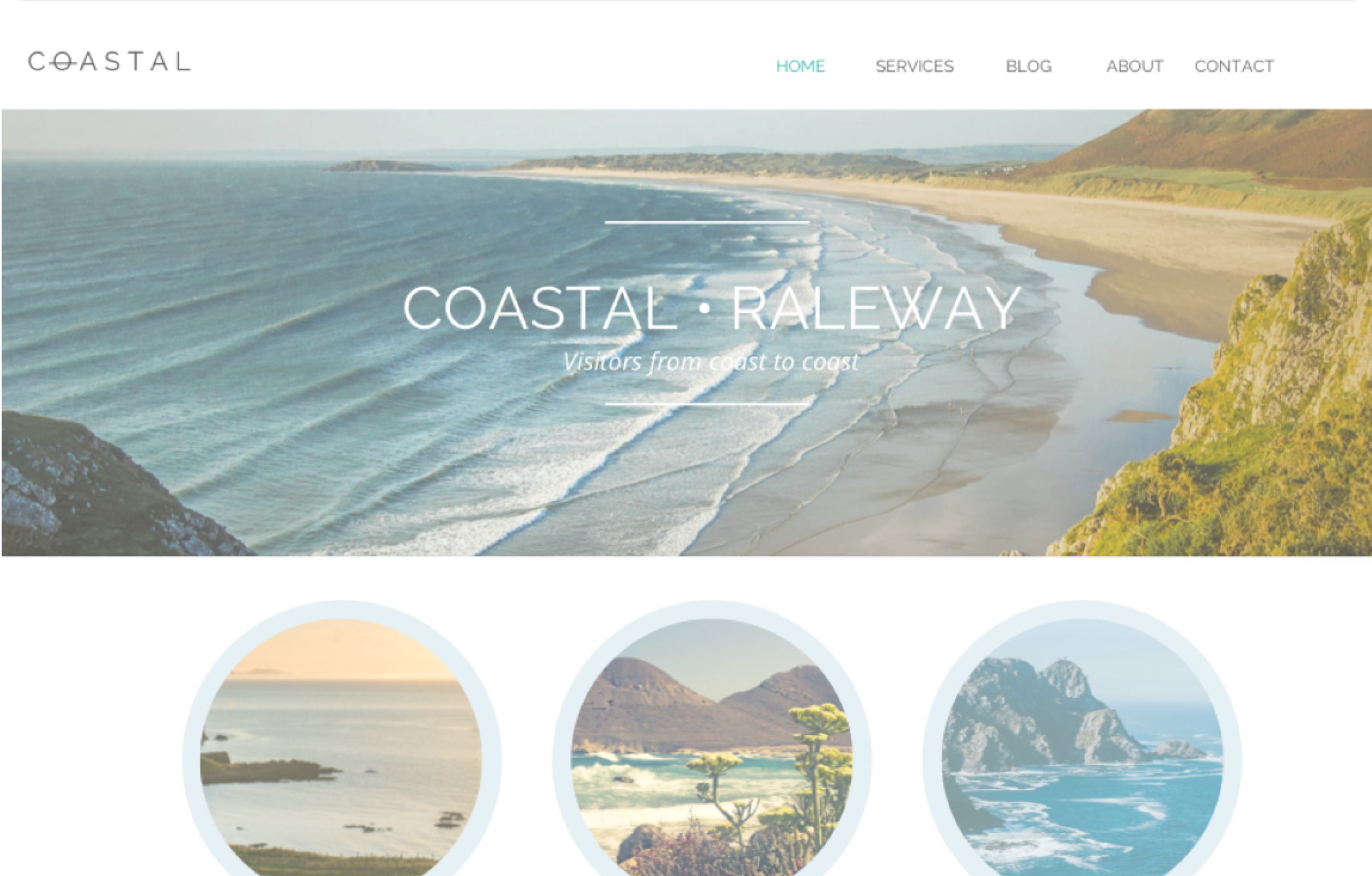 website template with a large image of a beach with multiple circular images of different coastlines
